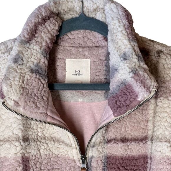Thread & Supply Faux Sherpa Teddy Jacket 1/4 Zip Mauve Plaid M - Picture 8 of 13
